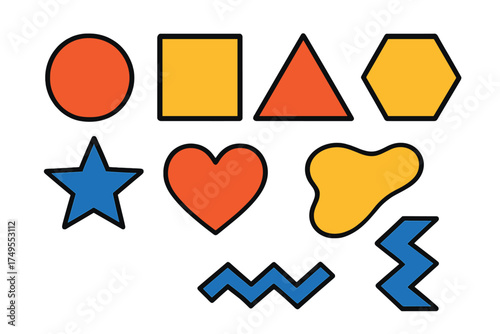 Diverse primary colored geometric and abstract shapes with thick black outlines on white background