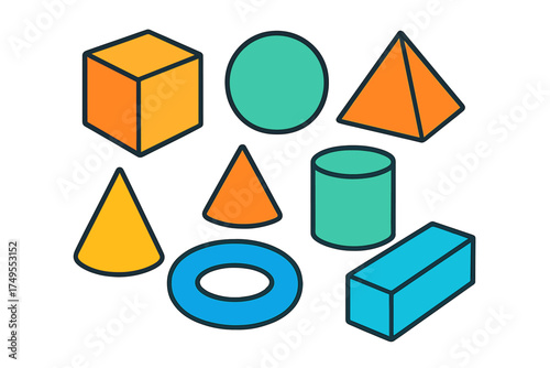 Brightly colored basic three dimensional geometric shapes including cube cylinder and cone