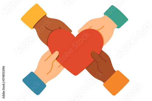 Diverse hands holding a large red heart symbolizing unity and global partnership