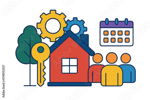 Housing service concept showing home ownership, property maintenance, scheduling, and teamwork