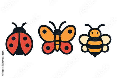 Set of three colorful flat design icons featuring ladybug, butterfly, and bumblebee insects