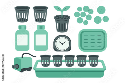 Hydroponic gardening system equipment set including pump, nutrients, seedling, and timer