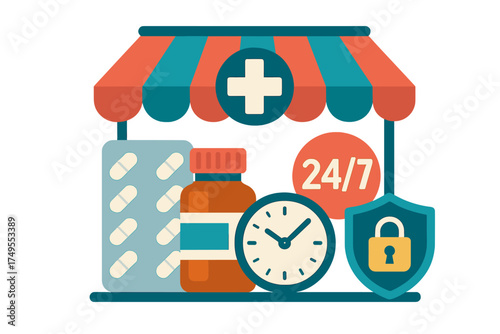 Pharmacy storefront with medical cross, medication bottles, blister packs, 24/7 service sign, and security shield