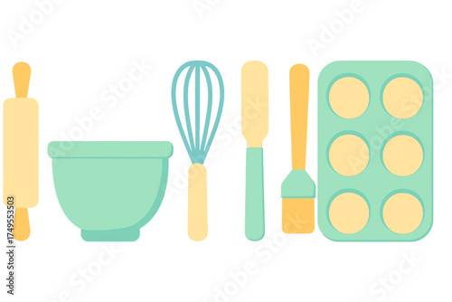 Essential kitchen baking tools set including rolling pin mixing bowl whisk spatula and muffin tray