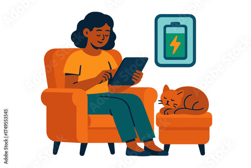 Woman sitting in armchair using tablet next to sleeping cat and charging battery icon