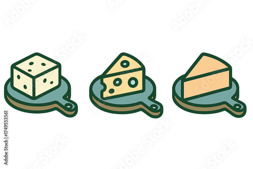 Collection of various cheese pieces including cube and wedge shapes served on miniature wooden boards