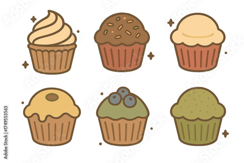Collection of six cute stylized sweet baked goods with various toppings and flavors