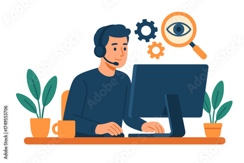 Customer support agent working at a computer desk with headset and monitoring icons