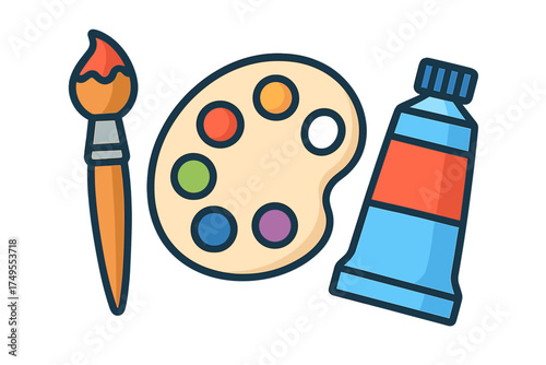 Artist painting tools set with brush, wooden palette, colorful pigments, and paint tube