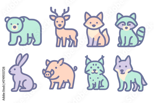 Cute flat outline design featuring eight wild forest mammals