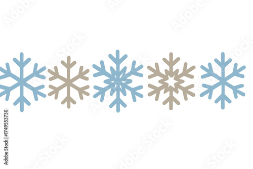 Seamless winter border design with alternating stylized blue and beige snowflakes