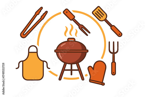 Set of essential outdoor summer grilling equipment including charcoal barbecue grill and cooking tools