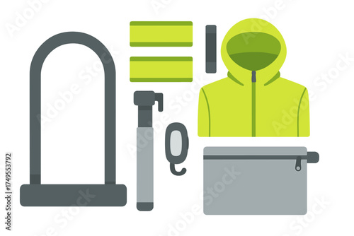 Flat lay arrangement of essential bicycle safety gear including U-lock, pump, and reflective jacket