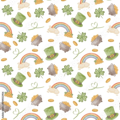 Seamless St Patrick Day Watercolor Pattern with Rainbow, Green Hat, Pot of gold, Clovers and coins
