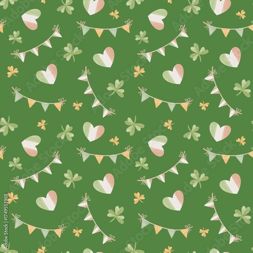 Seamless St Patrick Day Watercolor Pattern with Irish Girlands, Heart and shamrock