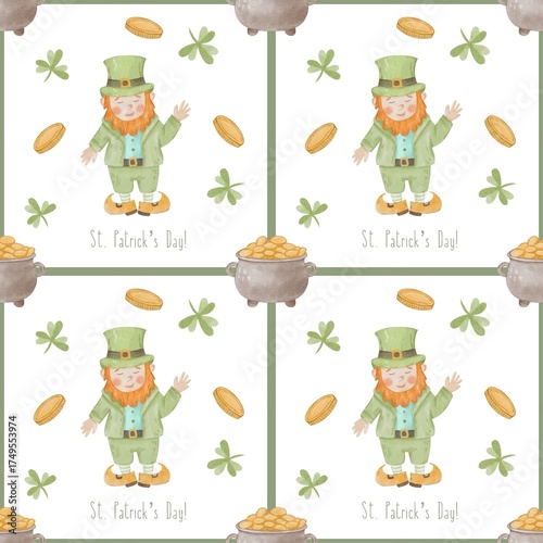 Seamless St Patrick Day Watercolor Pattern with Leprechaun, Shamrock, Pot of gold and coin