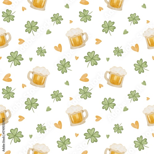 Seamless St Patrick Day Watercolor Pattern with Beer, Green Clovers and hearts