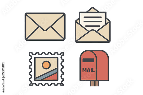 Postal service symbols including closed and open envelopes, postage stamp, and traditional red mailbox