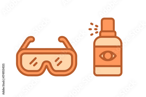 Essential safety goggles and emergency eye care spray bottle symbols for protection