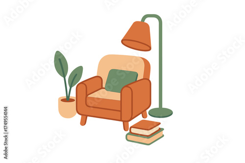 Cozy living room corner with plush armchair, standing lamp, potted houseplant, and books