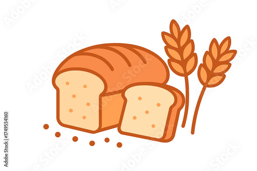 Freshly baked loaf of wheat bread with a single slice and golden wheat grain stalks