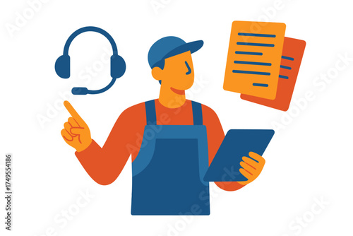 Technical support worker pointing while holding a digital tablet near documents and headset icon