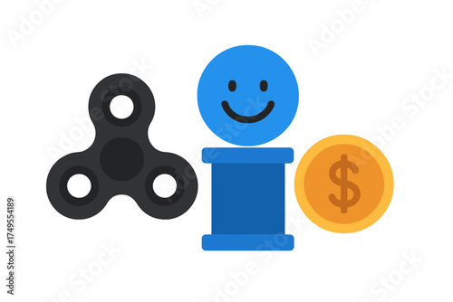 Fidget spinner toy next to a stylized happy person icon and a golden dollar coin symbol