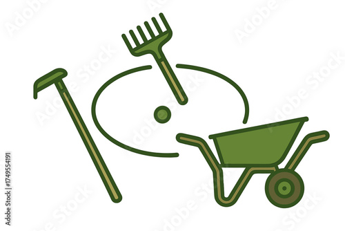 Gardening tools set: wheelbarrow, rake, and hoe for farming and yard work