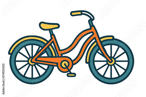 Colorful retro city bicycle with curved frame, fenders, and large wheels