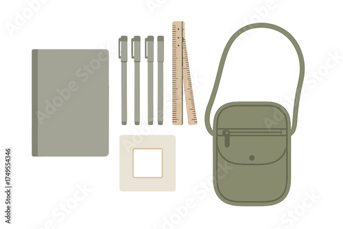 Minimalist set of personal and office accessories featuring a journal, writing tools, and a small crossbody bag