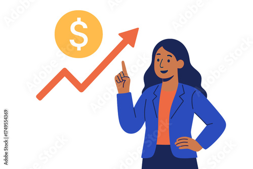 Professional businesswoman pointing to a rising financial chart symbolizing business success and profit growth