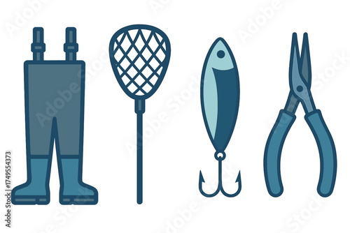 Essential fishing equipment set including waders, landing net, lure, and pliers
