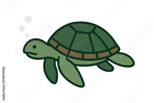 Cute cartoon sea turtle swimming underwater with air bubbles isolated on white background