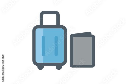 Blue wheeled suitcase and gray travel document representing global journey planning