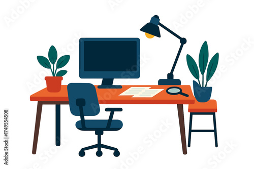 Modern home office workspace setup with computer monitor desk chair and potted plants