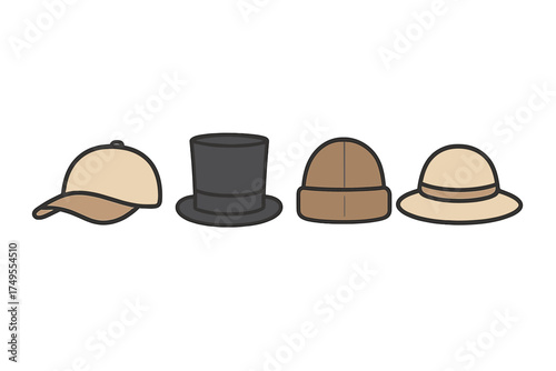 Collection of various hats and headwear styles: baseball cap, top hat, beanie, sun hat