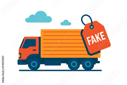 Commercial delivery truck transporting oversized orange tag labeled FAKE representing fraud and unreliable logistics