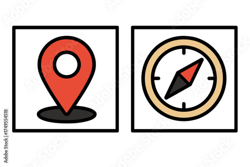 Set of navigation and location symbols including map pointer and magnetic compass