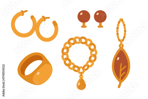 Elegant golden jewelry collection featuring hoop earrings, stud earrings, chain bracelet, signet ring, and leaf pendant