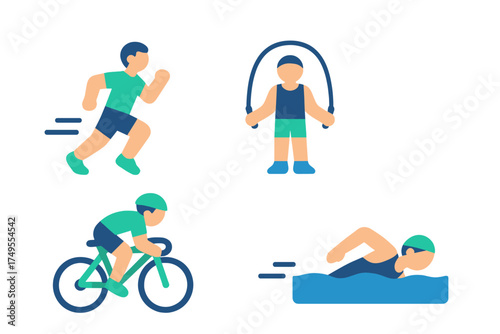 Flat design icons of people running, cycling, swimming, and jumping rope for fitness activities