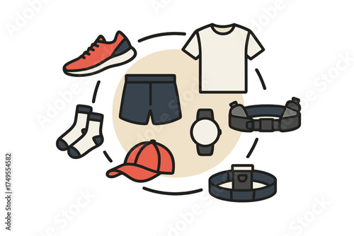 Essential running gear and athletic accessories organized in a circular layout