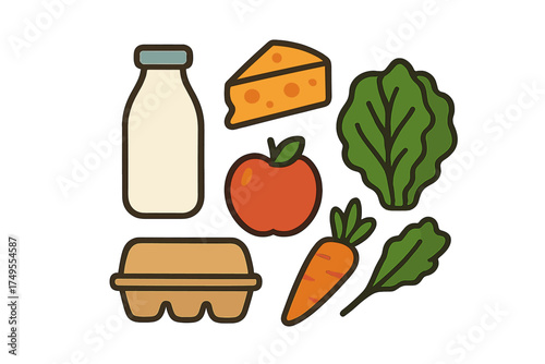 Assortment of essential grocery items like milk, cheese, apple, carrots, and leafy greens