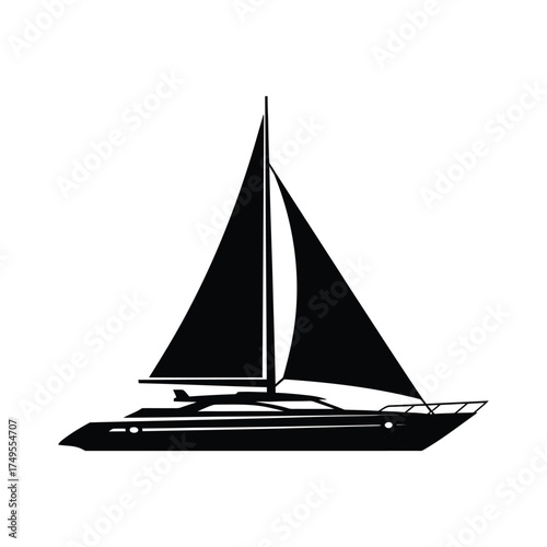 Black sailboat with triangular sails yacht sailing