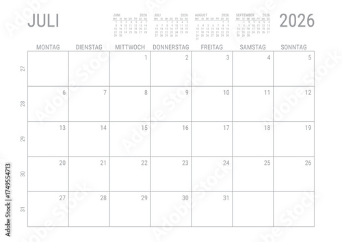 Juli 2026 Monat Kalender Monatskalender Kalenderblatt Kalendarium mit Kalenderwoche Planer DIN A4 Deutsch	