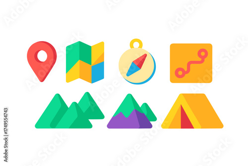 Colorful outdoor adventure symbols including navigation tools, mountains, and camping tent