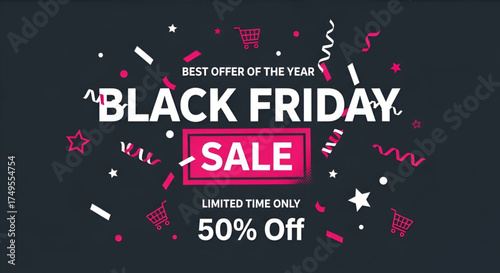 ​A festive and modern flat design background with a bold Black Friday sale text surrounded by falling confetti, stars and shopping cart icons for a limited time only commercial discount.
