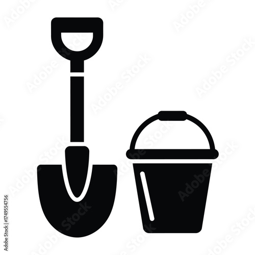 Black shovel and bucket icons sand beach