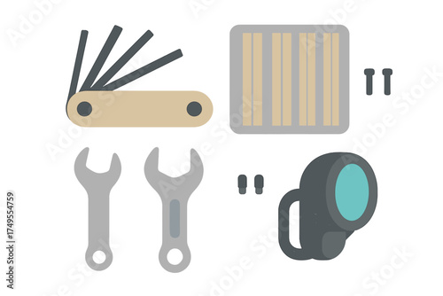 Essential bicycle repair tools set including hex keys, wrenches, and headlight