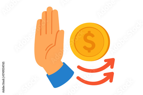Hand gesture stopping a money transaction or financial refusal, symbolizing rejection of payment or debt