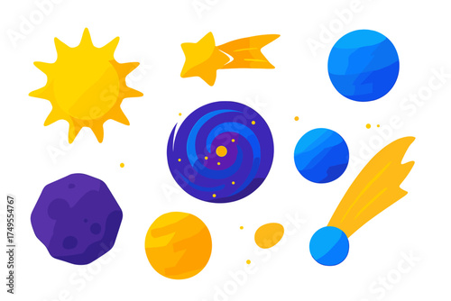 Colorful cosmic objects set featuring Sun planets galaxy and comets on white background